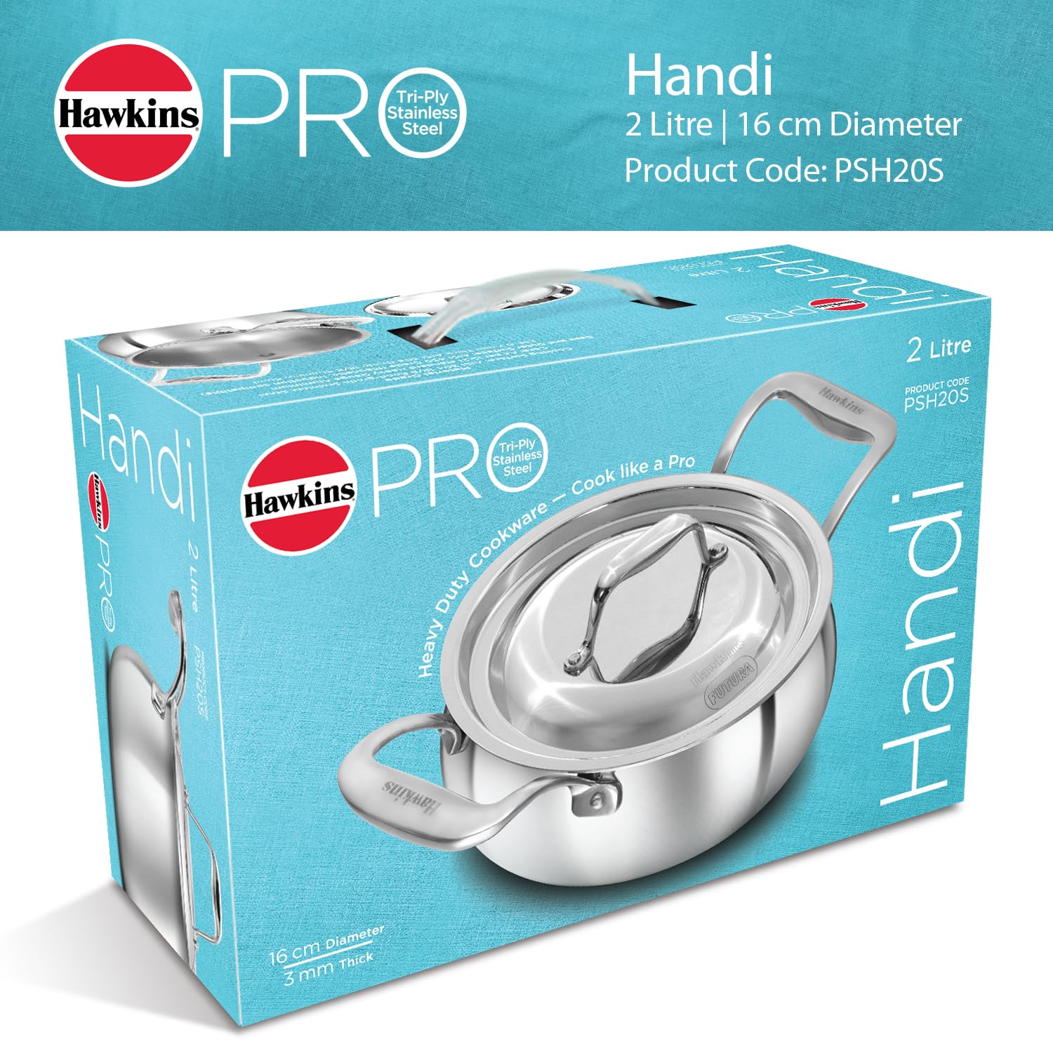 Hawkins Pro 2 Litre Handi with Lid, Triply Stainless Steel Sauce Pan for Cooking and Serving Biriyani, Silver (PSH20S)