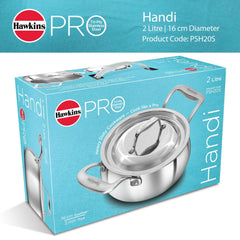 Hawkins Pro 2 Litre Handi with Lid, Triply Stainless Steel Sauce Pan for Cooking and Serving Biriyani, Silver (PSH20S)