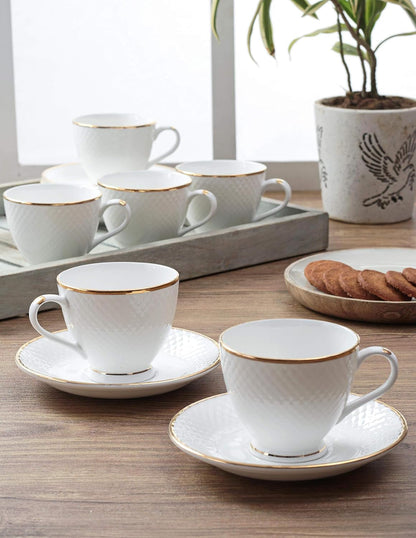 Clay Craft Fine Ceramic 22k Gold Line Cup & Saucer Set of 12 (6 Cups + 6 Saucers) - 180 ml Each (Cup Diamond)