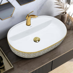 Plantex Oval Washbasin/Countertop Sink for Bathroom/Tabletop Wash Basin for Restaurant/Hotel/Hotel (24x16.5x5 Inch - White & Gold)-1