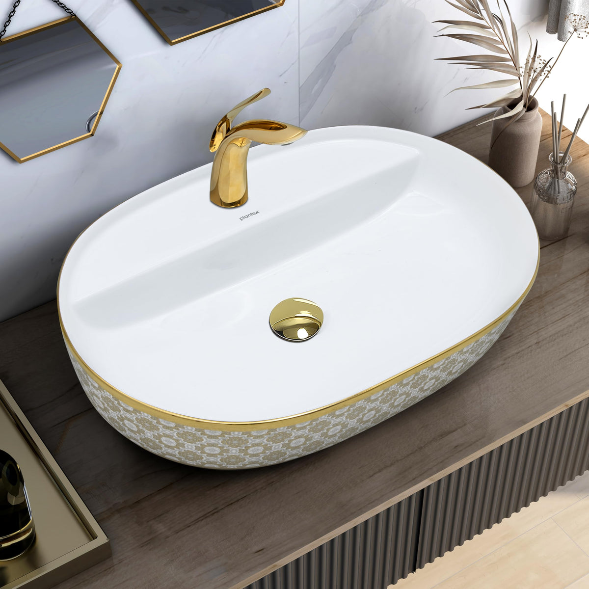 Plantex Oval Washbasin/Countertop Sink for Bathroom/Tabletop Wash Basin for Restaurant/Hotel/Hotel (24x16.5x5 Inch - White & Gold)