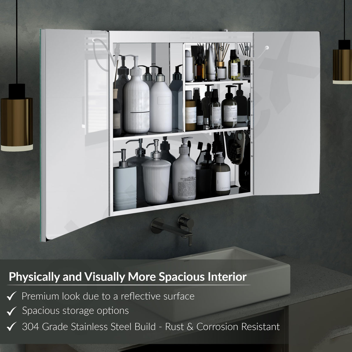 Plantex 304 Stainless Steel Bathroom Cabinet with Mirror/Bathroom Cabinet Storage/LED Mirror Cabinet for Wall/Bathroom Organiser Cabinet (19x19 Inch- Defogger/Chrome)-5