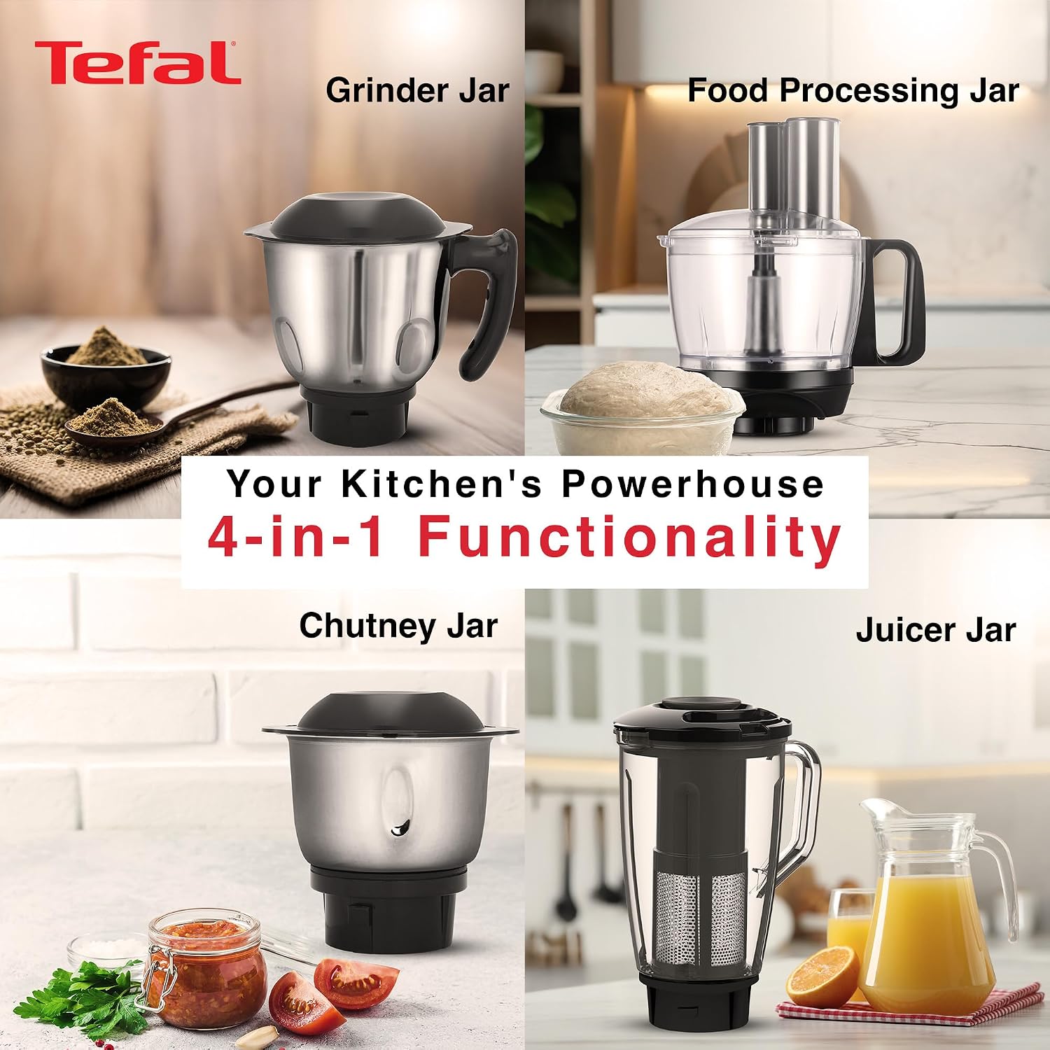 Tefal Chef Assist 800W Mixer Grinder,Juicer Jar & Food Processor |Dough Maker 15-in-1 Versatile Appliance| Powerful 800W Motor | 4 Jars and 7 blades| Europe’s No.1 Blending Brand | 3-Year Warranty