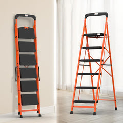 BonKaso Climb Easy 5 Step Heavy Duty Steel Folding Climbing Ladder for Home, Home & Office – with Safety Lock, Anti-Slip Wide Steps, Support Handle & Tool Tray (Orange & Black)