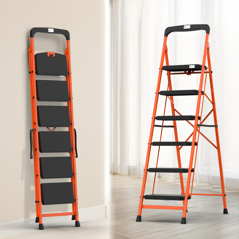 BonKaso climb easy 7 Step Foldable Steel Kitchen Ladder for Home,Office & Outdoor Use with Safety Clutch Lock,Anti-Slip Wide Steps,Support Handle & Tool Tray, Load Capacity Upto 120kg (Orange & Black)