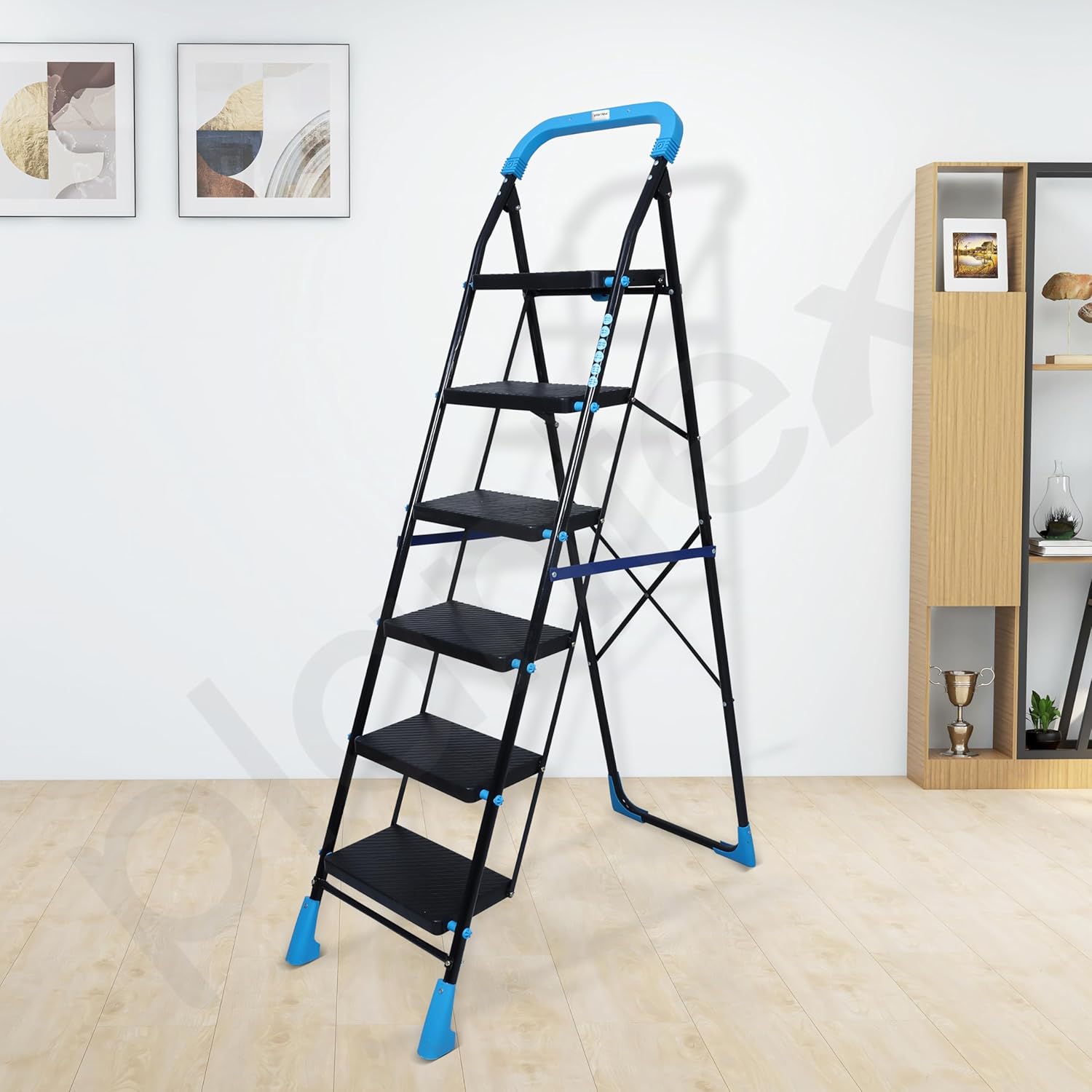 Plantex Stylo Heavy-Duty Mild-Steel Folding 6 Step Ladder for Home with Advanced Locking System/Wide Anti-Skid Step Ladder (Black & Blue)