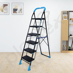 Plantex Stylo Heavy-Duty Mild-Steel Folding 6 Step Ladder for Home with Advanced Locking System/Wide Anti-Skid Step Ladder (Black & Blue)