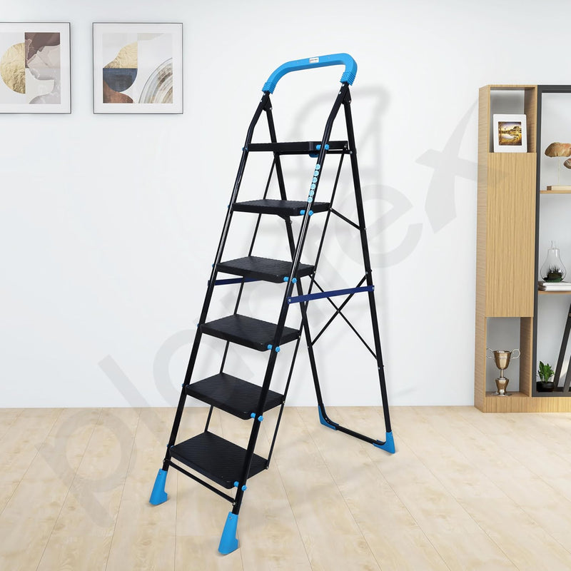 Plantex Stylo Heavy-Duty Mild-Steel Folding 6 Step Ladder for Home with Advanced Locking System/Wide Anti-Skid Step Ladder (Black & Blue)