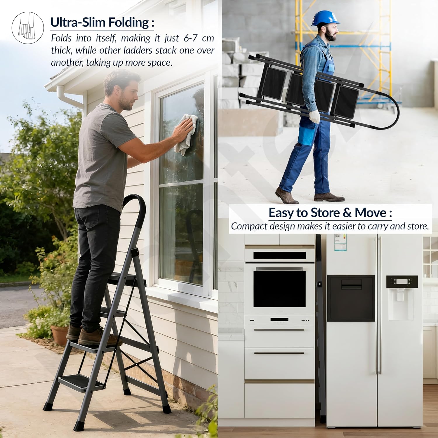 Plantex Ladder for Home 4 Steps/Foldable Ladder with Anti-Skid Wide Steps (30L x 20W cm)/Strong D-Shape Pipe with X-Support for More Stability/5 Year Warranty(Apex-Black)