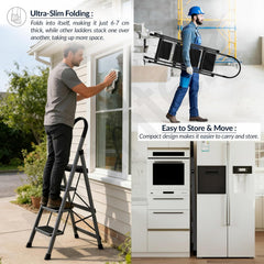 Plantex Ladder for Home 4 Steps/Foldable Ladder with Anti-Skid Wide Steps (30L x 20W cm)/Strong D-Shape Pipe with X-Support for More Stability/5 Year Warranty(Apex-Black)