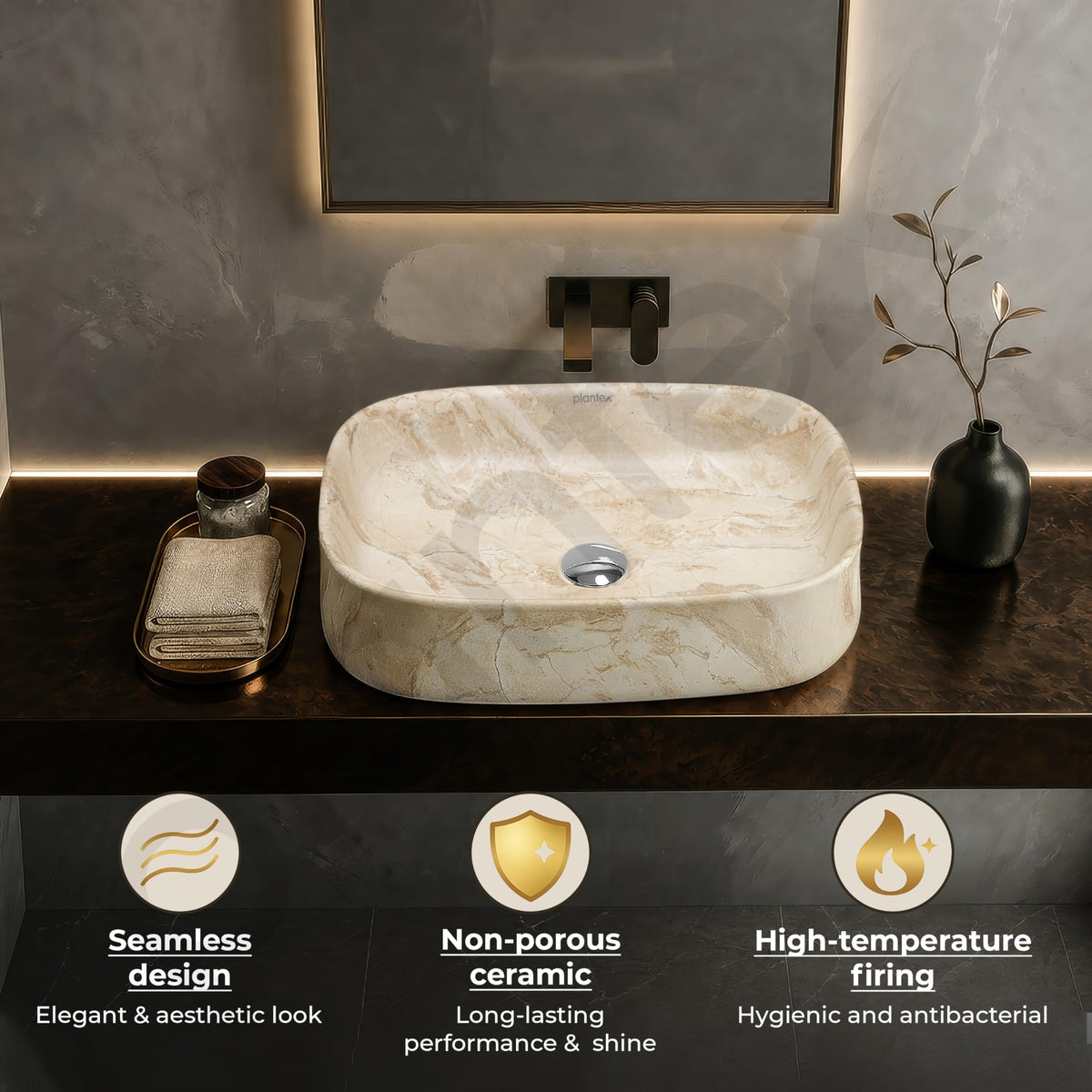 Plantex Wash Basin for Bathroom/Ceramic Table Top Washbasin/Countertop Vessel Sink Basin - (Cream Marble, 21.5 x 15 x 6 Inch)-5