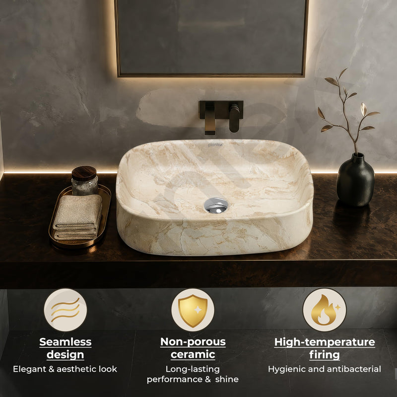 Plantex Wash Basin for Bathroom/Ceramic Table Top Washbasin/Countertop Vessel Sink Basin - (Cream Marble, 21.5 x 15 x 6 Inch)-5