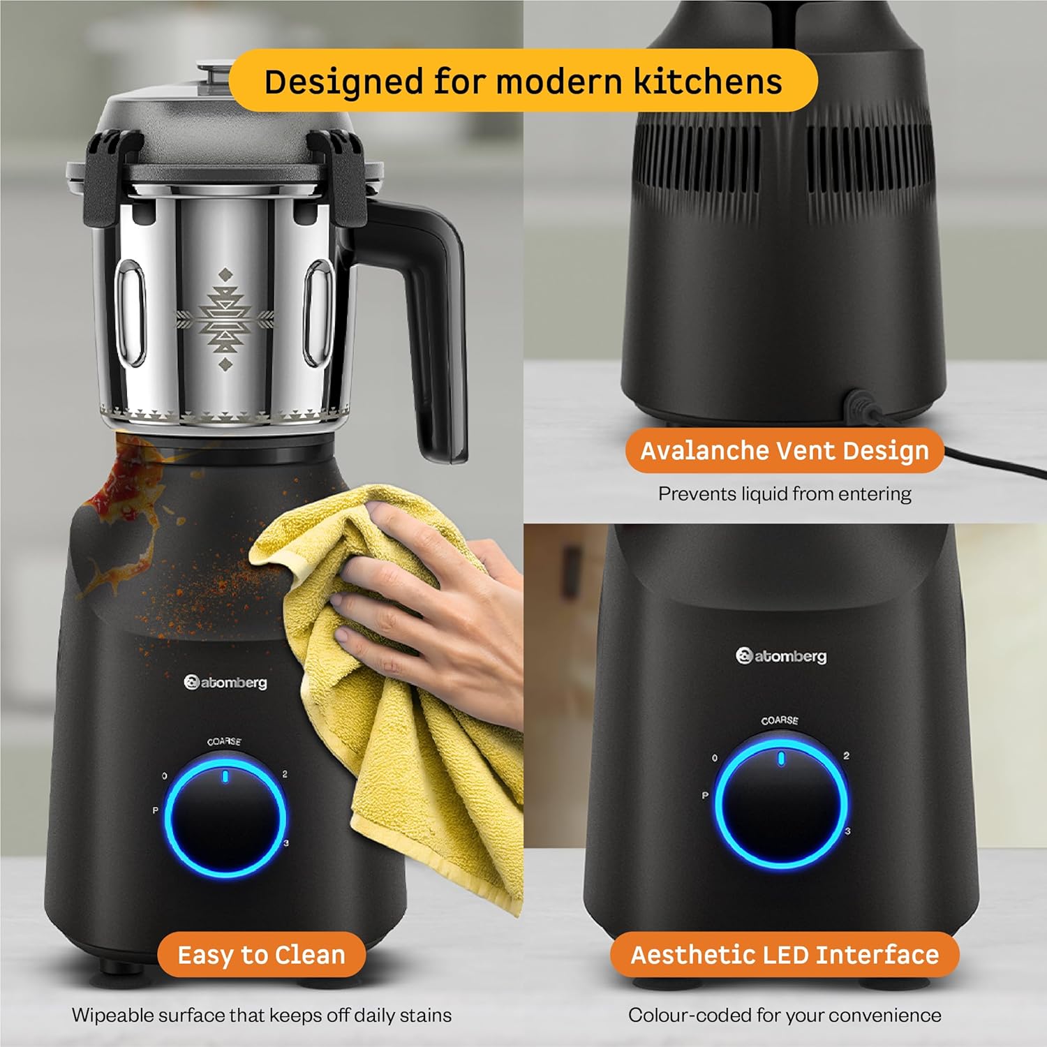 Atomberg Tavi Mixer Grinder | 𝟏𝟏𝟎𝐕 𝐎𝐧𝐥𝐲 𝐟𝐨𝐫 𝐔𝐒 & 𝐂𝐚𝐧𝐚𝐝𝐚 | Unique Coarse Mode for Silbatta-Like Texture | Intelligent 600W Motor | 4 Jars Including Chopper Jar | Matte Black