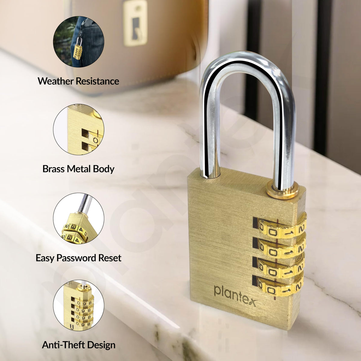 Plantex 4-Digit Code Combination Brass Lock/Number Lock/Portable Luggage Locks for Briefcase/Laptop Bags - Pack of 1 (Medium, Brass Antique)-5