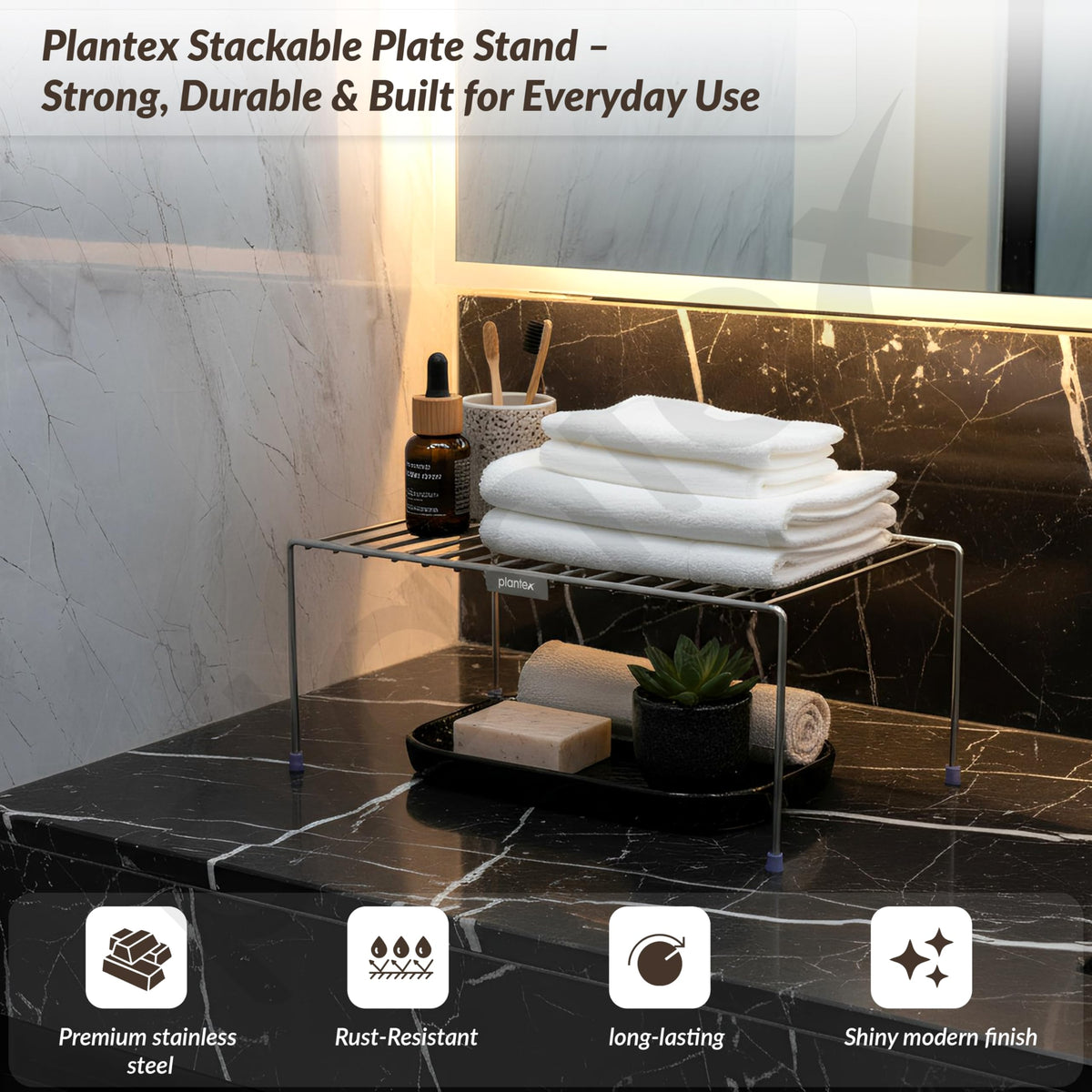 Plantex Stainless Steel Kitchen Shelf Organisers/Shelf Divider for Kitchen Storage/Cabinet Organiser/Plate Stand/Dish Rack - Pack of 2 (Chrome)-2