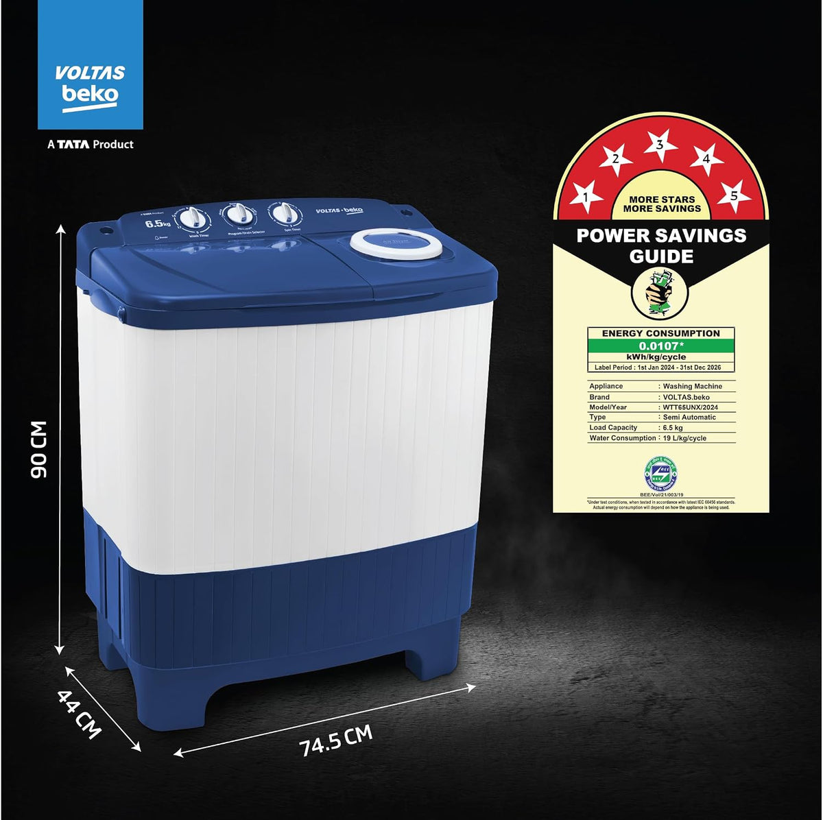 Voltas Beko, A Tata Product 6.5 Kg 5 Star Semi-Automatic Top Loading Washing Machine (WTT65UNX/OK3I0I0W01, Blue, Pulsator wash technology)-5