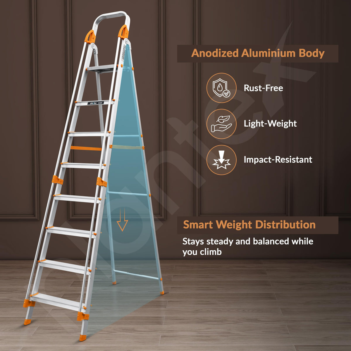 Plantex Secura 8 Step Aluminium Ladder for Home/Foldable Ladder with Safe Hand Rails/5 Year Manufacturer Warranty(Orange-Silver)-5
