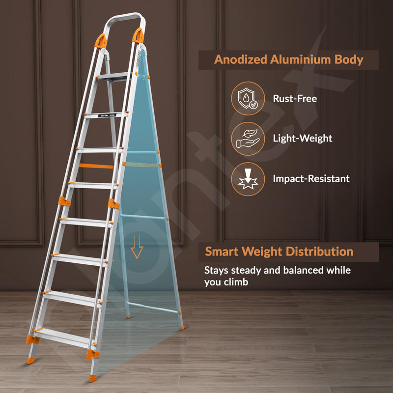 Plantex Secura 8 Step Aluminium Ladder for Home/Foldable Ladder with Safe Hand Rails/5 Year Manufacturer Warranty(Orange-Silver)-5