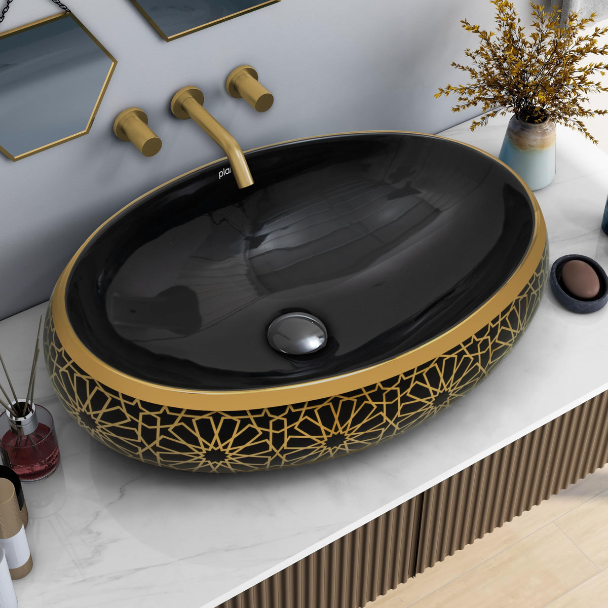 Plantex Ceramic Tabletop Washbasin for Bathroom/Designer Hand Wash Basin/Oval Vessel Sink Basin for Home/Hotel (23.5x16.5x6 Inch - Black & Gold)-1