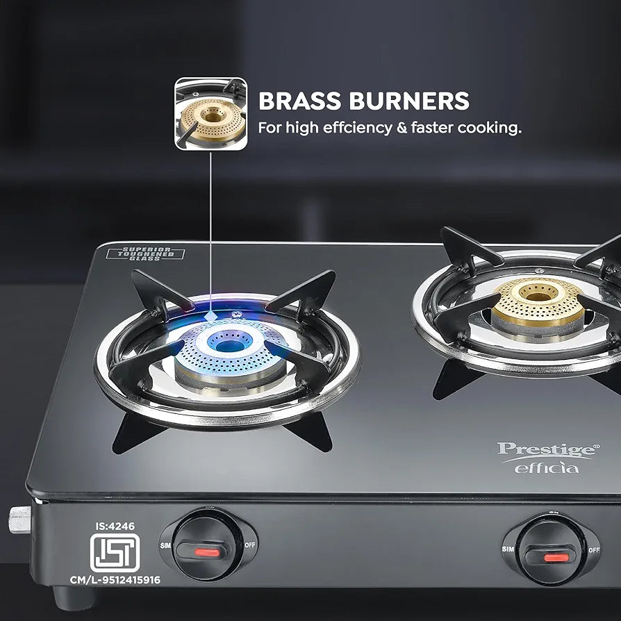 Prestige Efficia LP Open Gas Stove with Powder-Coated Body, Glass Top & 3 Brass Burners