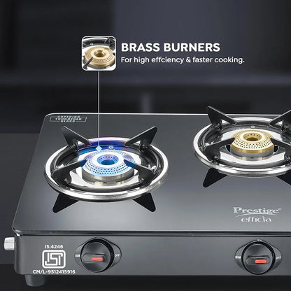 Prestige Efficia LP Open Gas Stove with Powder-Coated Body, Glass Top & 3 Brass Burners
