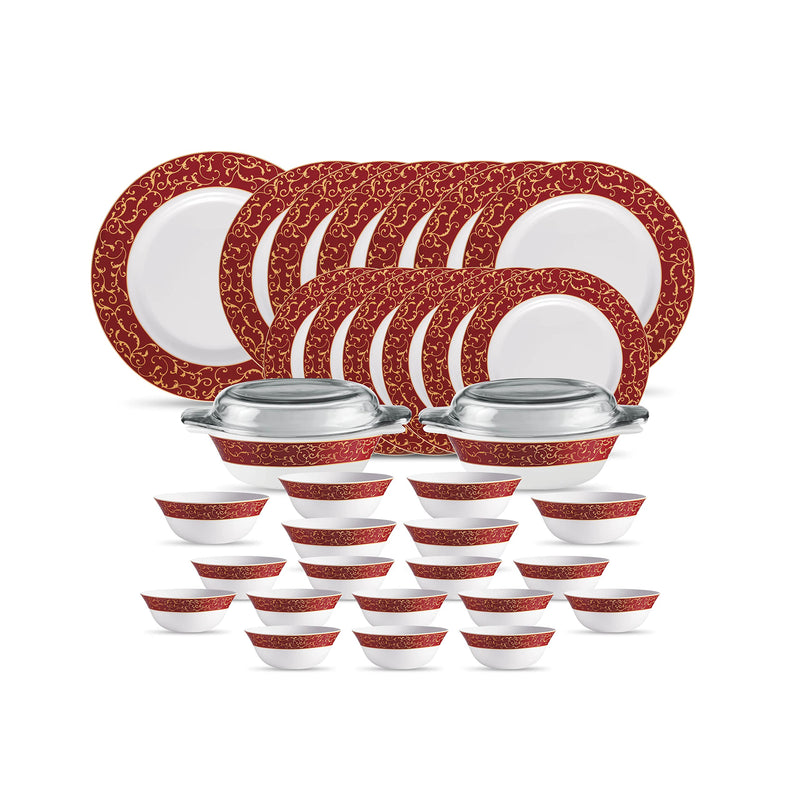 La Opala Diva Sovrana Collection Opal Glass Crockery | for Family of 6 | Dinner Set 35 pcs Persian Grey | Plates & Bowls for Dining | Microwave Safe | 100% Vegetarian | Extra Strong | Light & White