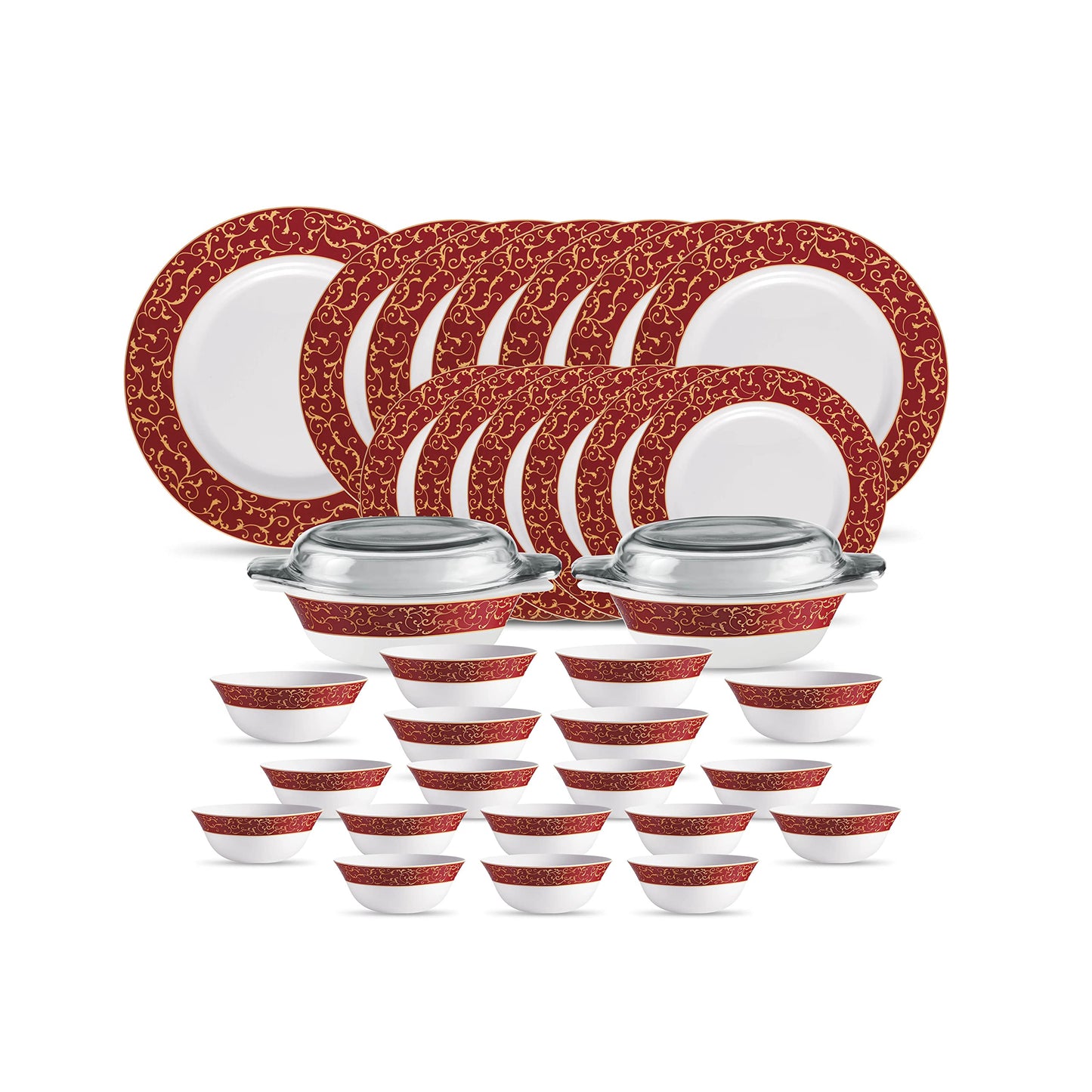 La Opala Diva Sovrana Collection Opal Glass Crockery | For Family of 6 | Dinner Set 35 pcs Moroccan Gold | Plates & Bowls for Dining | Microwave Safe | 100% Vegetarian | Extra Strong | Light & White
