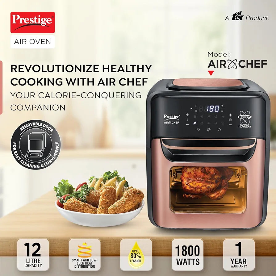 Prestige Air Chef 12 Litre Air Fryer Oven|360 Degree Rapid Air Technology|10 Preset Menus|Unique Multi-Level Design| Smoke-Free Technology|Black & Rose Gold, 1800 Watts
