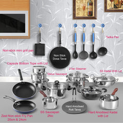 Vinod Kitchen in The Box Stainless Steel Cookware Set – 25 Piece Combo | Multipurpose Bartan & Donga Set for Cooking | Induction & Gas Stove Compatible – Silver