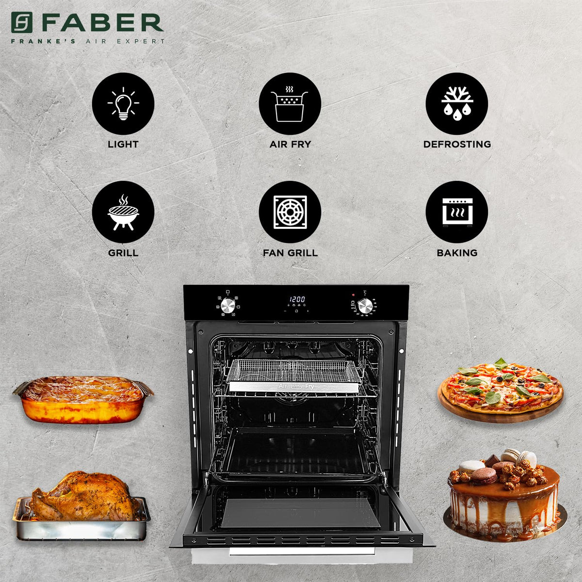 Faber 83L 6F Air Fryer Built-in Oven|360° Grill with In-Chamber Light|Auto Program with Digital Timer|Touch/Knob Control