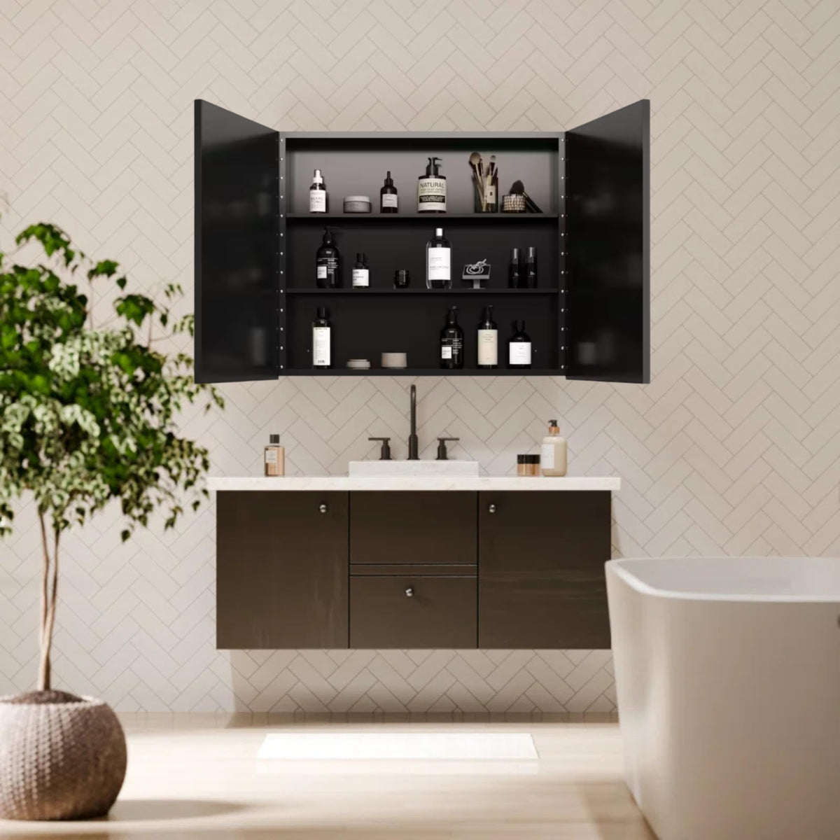 Plantex Bathroom Cabinet with Mirror/Aluminium Framed Double Door Bathroom Cabinet Storage/Mirror Cabinet for Bathroom Wall/Bathroom Organiser Cabinet (24x32 Inch, Black)-5
