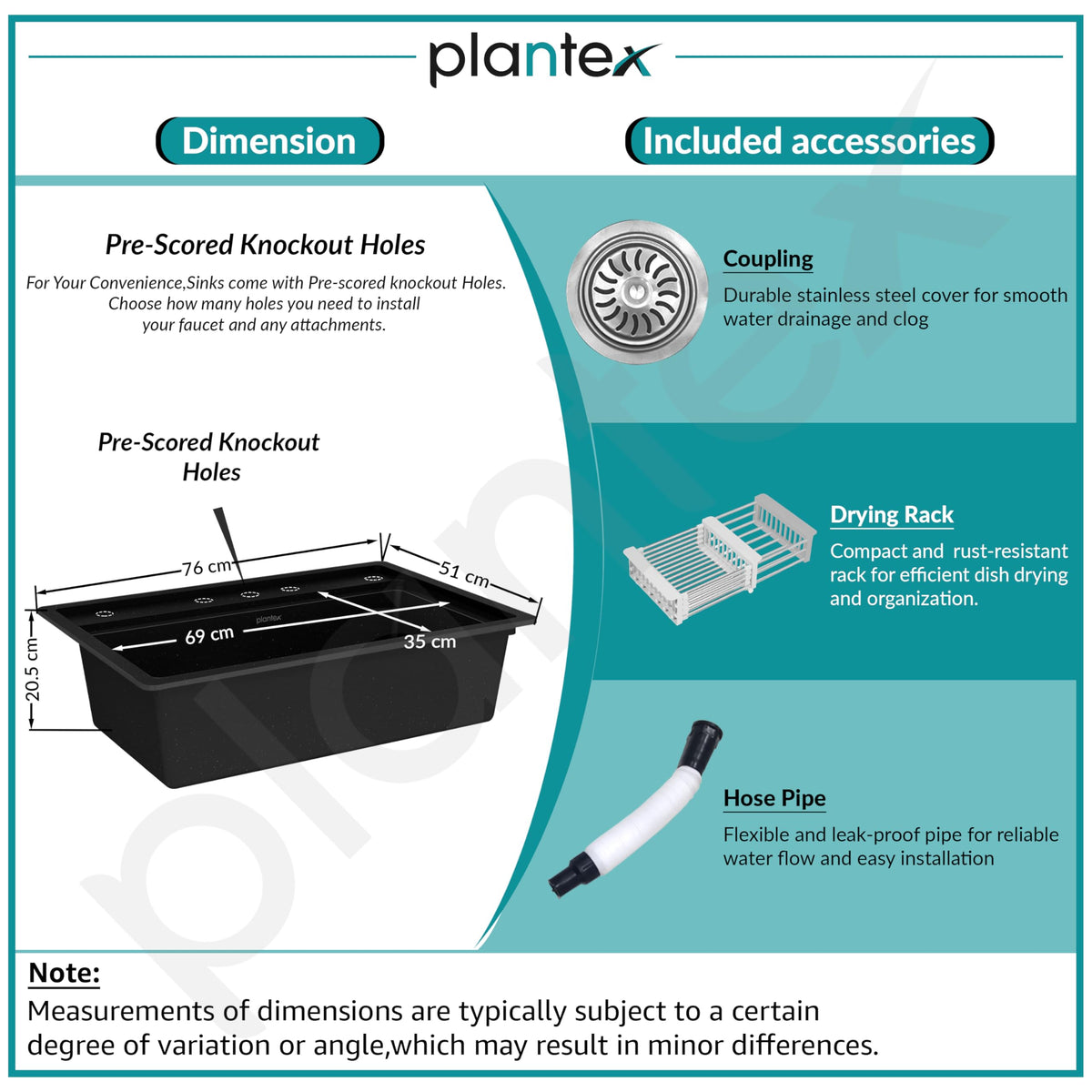 Plantex Matt Quartz Kitchen Sink/UV Protected Kitchen Sink/Undermount Sink For Kitchen/Granite Single Bowl Sink With Coupling (Nano Black, 20X30 Inches)-5