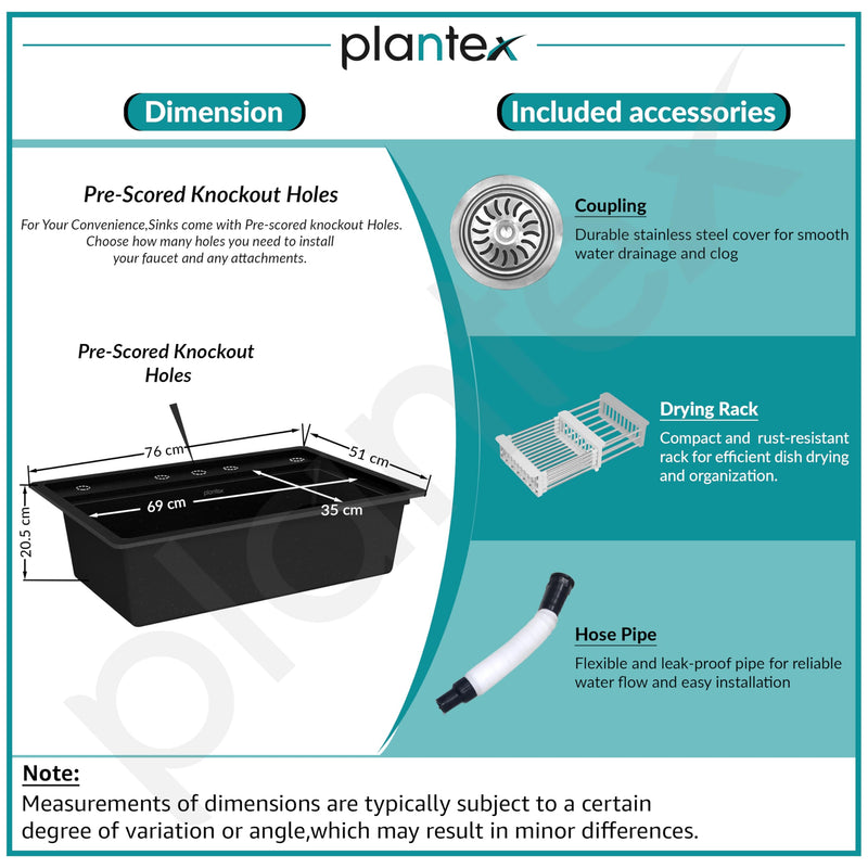 Plantex Matt Quartz Kitchen Sink/UV Protected Kitchen Sink/Undermount Sink For Kitchen/Granite Single Bowl Sink With Coupling (Nano Black, 20X30 Inches)-5