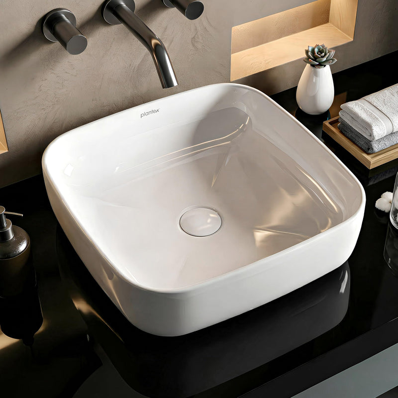 Plantex Platinum Ceramic Wash Basin/Basin for Bathroom/Tabletop Wash Basin/Bathroom Basin (White, 16 x 16 x 5 Inch)-1