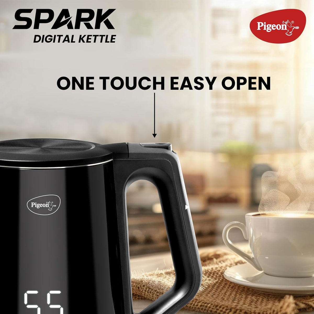 Pigeon Spark Digital Kettle 1500 Watt, 1.5 L with Stainless Steel Body, Used for Boiling Water and Milk, Tea, Coffee, Oa
