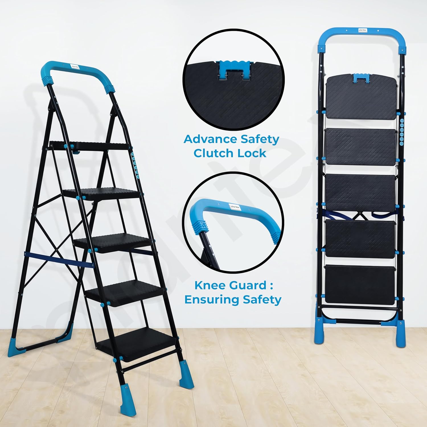 Plantex Stylo Heavy-Duty Mild-Steel Folding 5 Step Ladder for Home with Advanced Locking System/Wide Anti-Skid Step Ladder (Black & Blue)