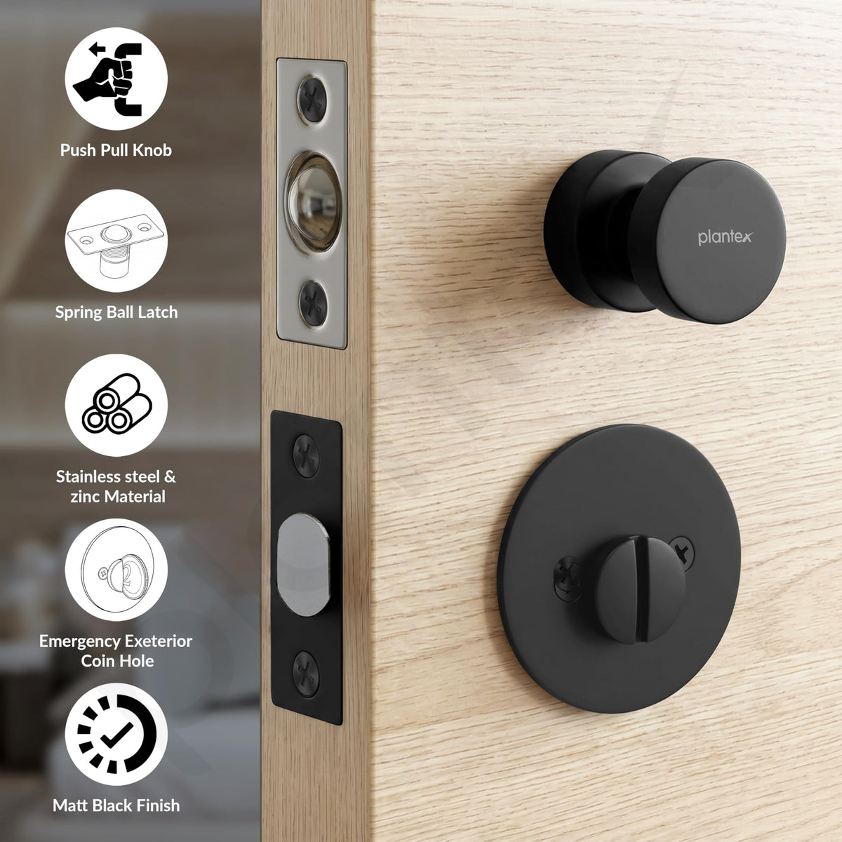 Plantex Bathroom Door Lock/Stainless Steel Pull Push Door Handle Lock Set/Keyless Lock Handle for Bathroom (Black, DTM-666)-2