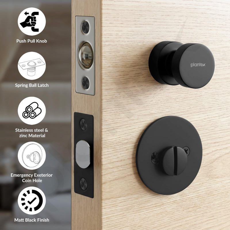 Plantex Bathroom Door Lock/Stainless Steel Pull Push Door Handle Lock Set/Keyless Lock Handle for Bathroom (Black, DTM-666)-2