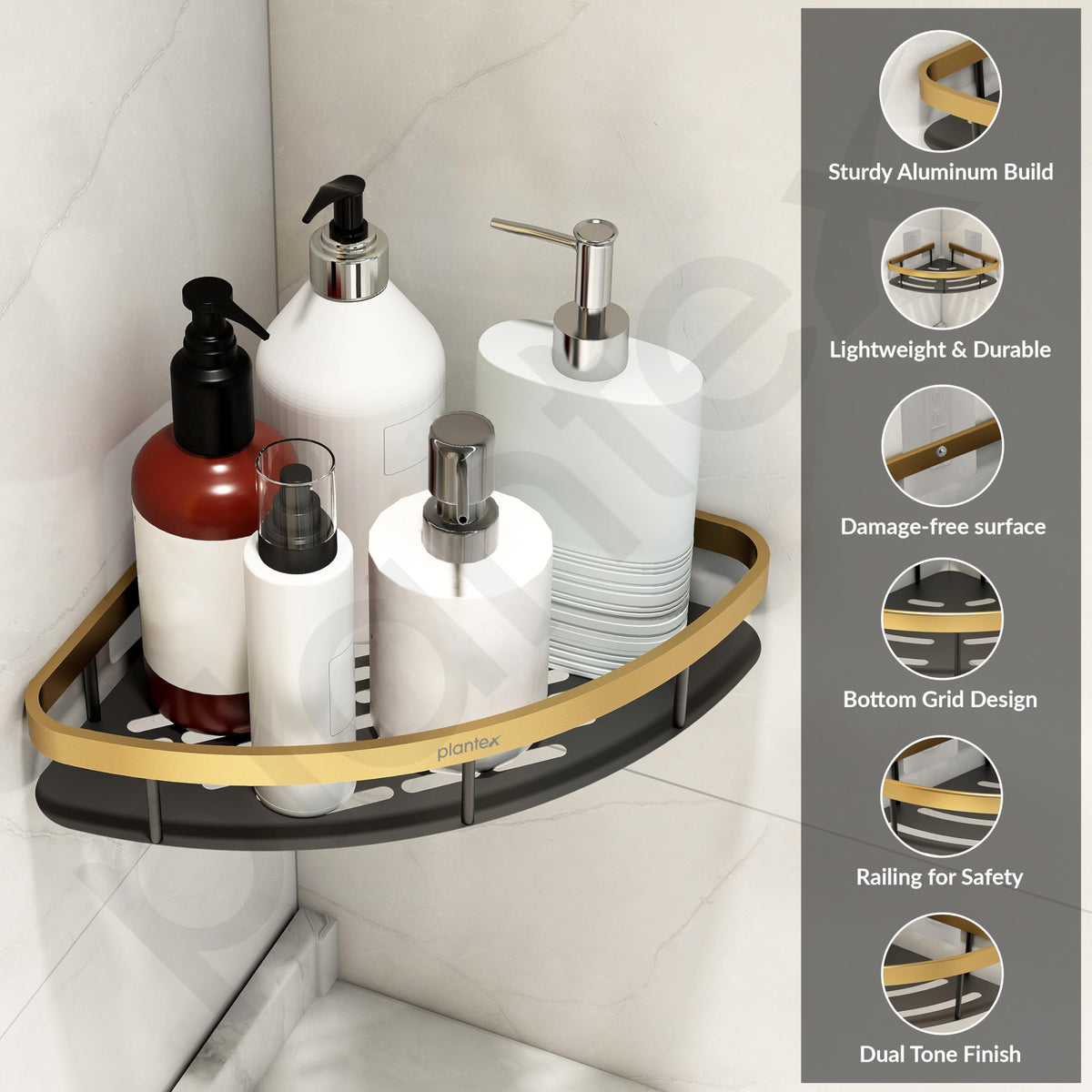 Plantex Corner Shelf for Bathroom Wall Mount/Aluminium Kitchen Corner Stand for Wall with Golden Railing & Magic Stickers/Bathroom Accessories Self Adhesive (9x9 inches, Gold & Black) - Pack of 2-5