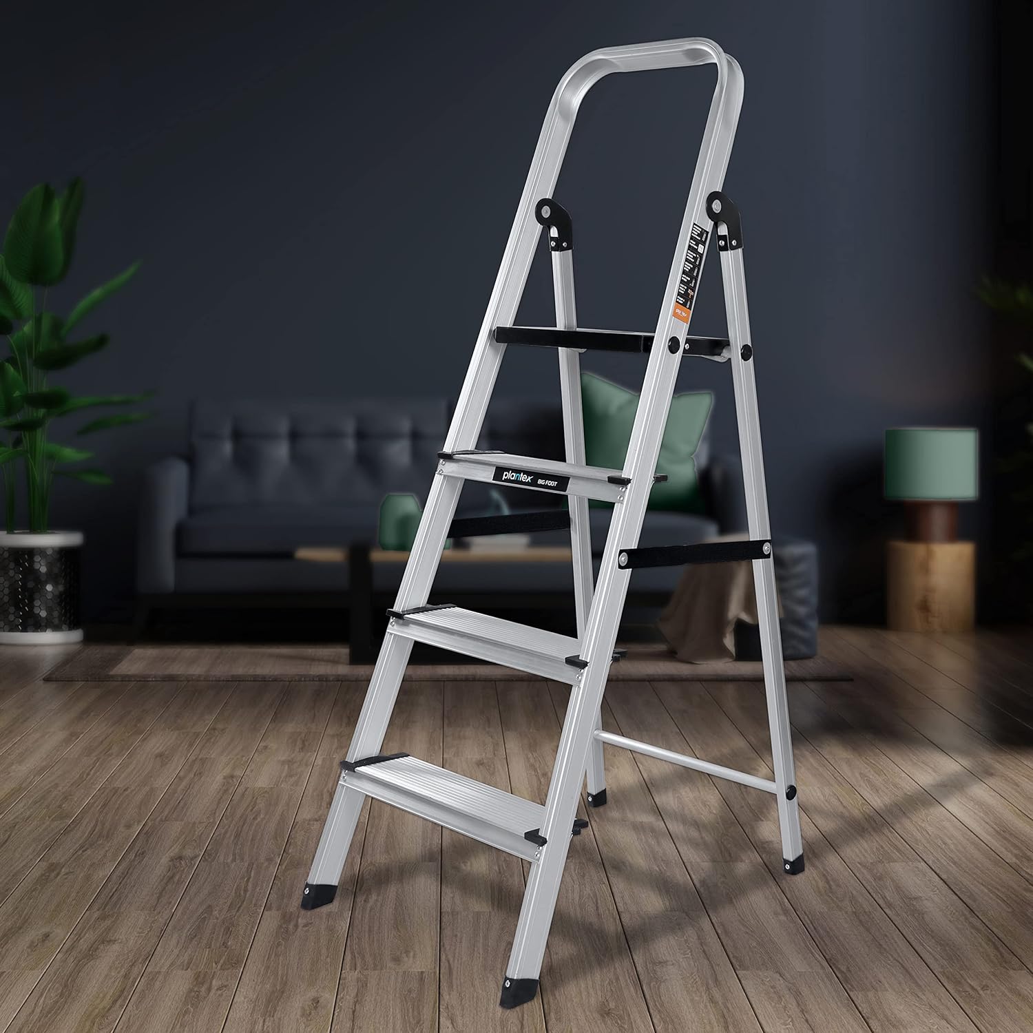 Plantex Big Foot 4 Step Ladder for Home/Fully Aluminium Folding Ladder/Wide Anti-Skid Steps (Black-Silver)