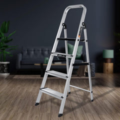Plantex Big Foot 4 Step Ladder for Home/Fully Aluminium Folding Ladder/Wide Anti-Skid Steps (Black-Silver)