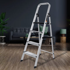 Plantex Big Foot 5 Step Foldable Aluminium Ladder/Step Ladder for Home Use with Wide Anti-Slip Steps and Secured Joints/5-Year Manufacturer Warranty(Black & Silver)