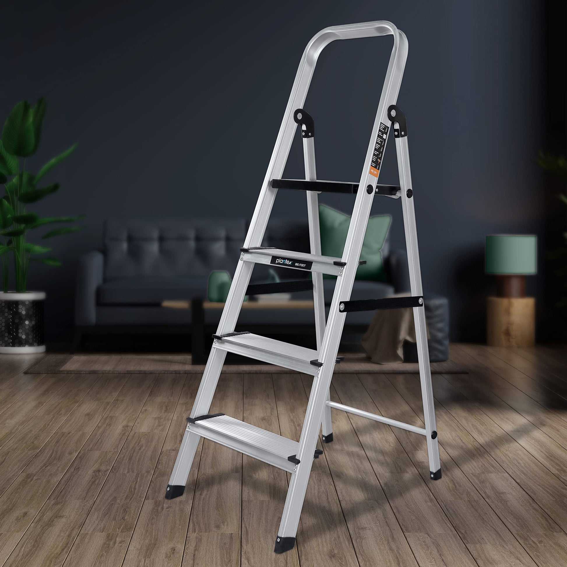 Plantex Big Foot 6 Step Ladder for Home/Aluminium Folding Ladder/Wide Anti-Skid Steps/Multipurpose Use (Black-Silver)