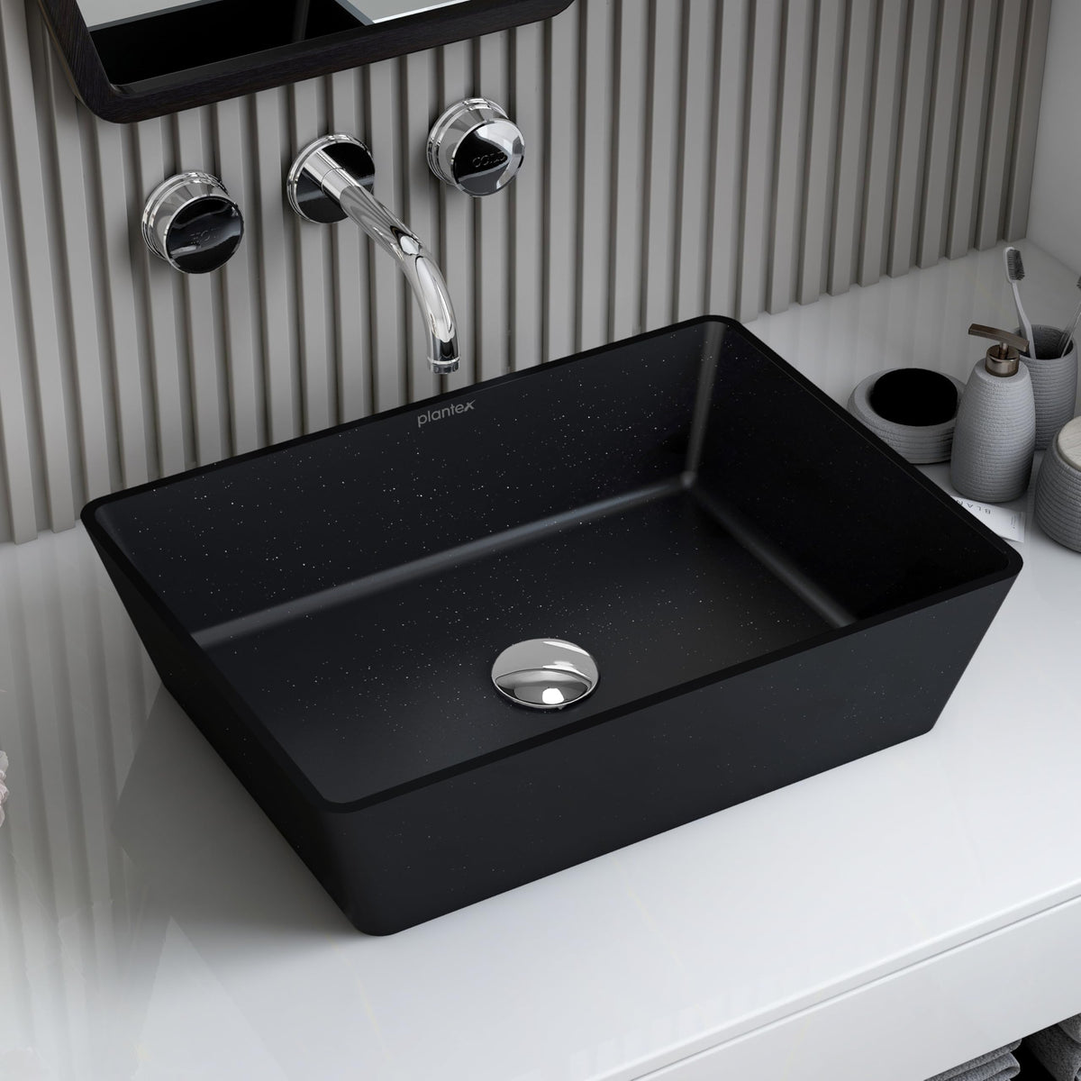 Plantex Table Top Basin for Bathroom/Quartz Rectangle Basin/Vessel Sink Over Counter for Home/Restaurant (Black, 18 x 13 x 5 Inch)-1