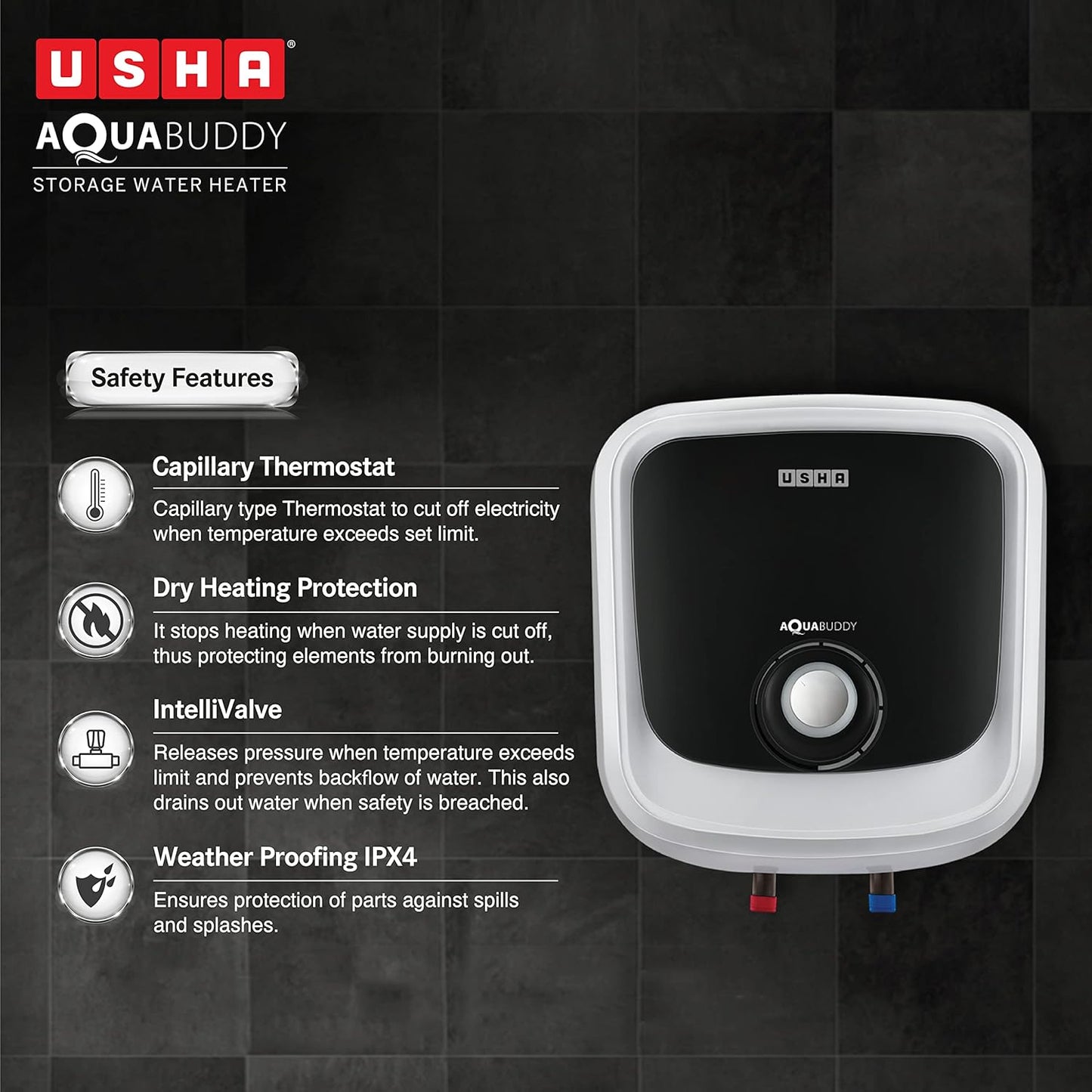 USHA Aquabuddy 15 Litre Storage Wall Water Heater With Free Installation (White Black)