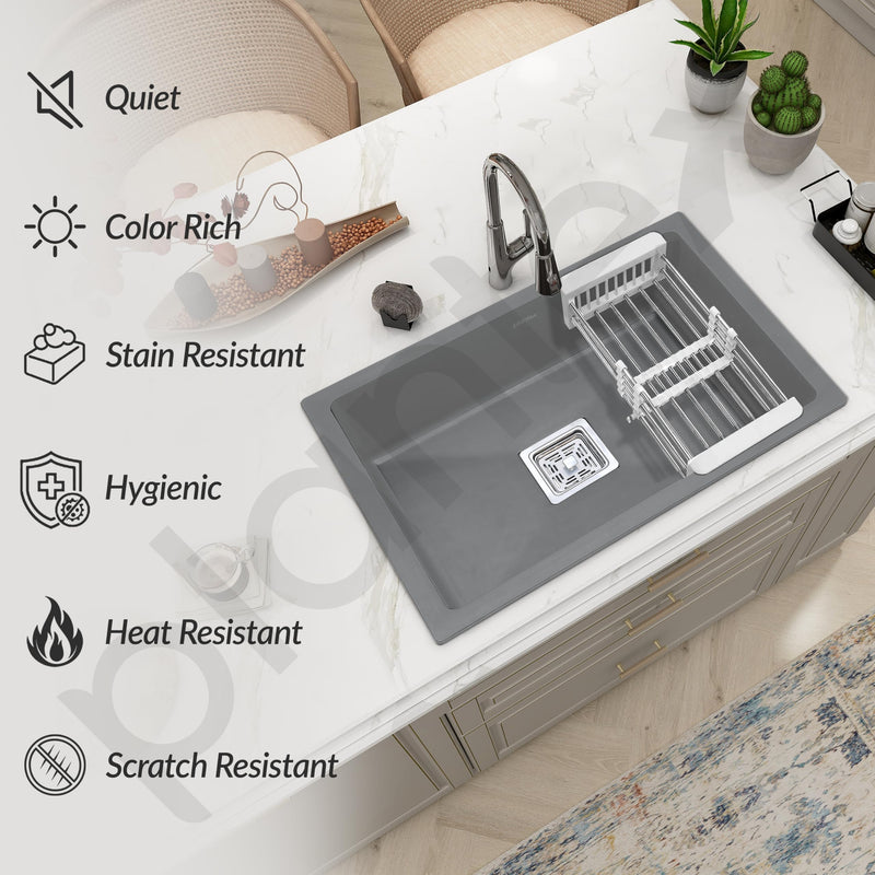 Plantex Kitchen Sink/Quartz Single Bowl Kichen Sink with Hose Pipe and Square Coupling/Under Mount Kitchen Sink - (Grey, 21 x 18 inch)-2