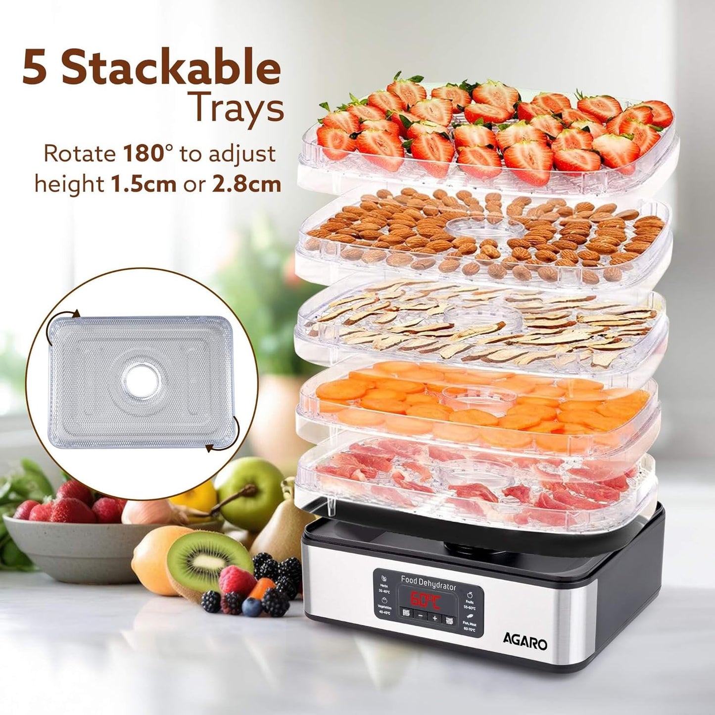 AGARO Regal Food Dehydrator, 5 Stackable Stainless Steel Trays, Digital Adjustable Timer & Temperature Control, Food Preserver Machine with Drying Capacity for Fruits, herbs, Veggies, Silver