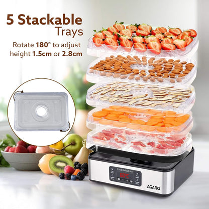 AGARO Regal Food Dehydrator, 5 Stackable Stainless Steel Trays, Digital Adjustable Timer & Temperature Control, Food Preserver Machine with Drying Capacity for Fruits, herbs, Veggies, Silver