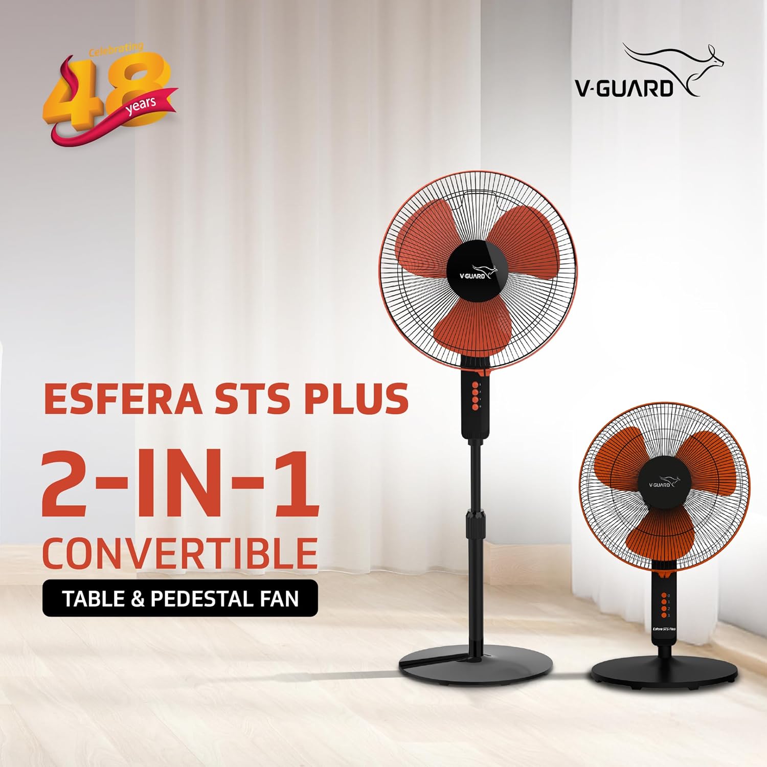 V-Guard Esfera STS Plus Pedestal Cum Table Fan | Versatile 2-In-1 Operation | 1350 RPM Motor | Customisable Tilt And Oscillation Control | Red Black | 40 cm (400mm)