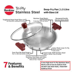Hawkins 1.5 Litre Deep Fry Pan, Triply Stainless Steel Kadai with Glass Lid, Flat Bottom Induction Kadhai, Small Kadai, Silver (SSD15G)